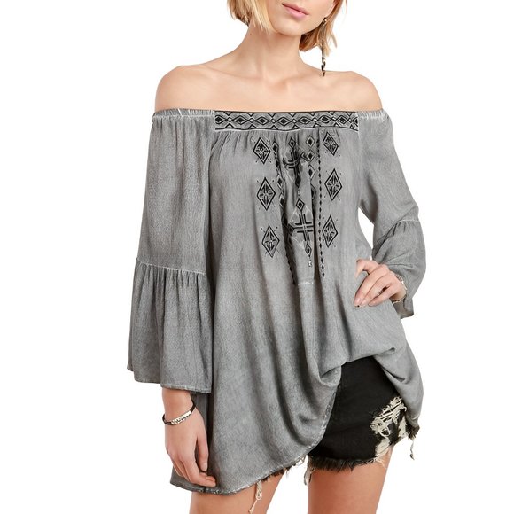 POL Gray Cotton Embroidered Off Shoulder Boho Top - Picture 1 of 2